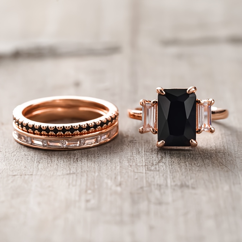 3pc Vintage Inlay Black Synthetic Zircon Square Ring Set